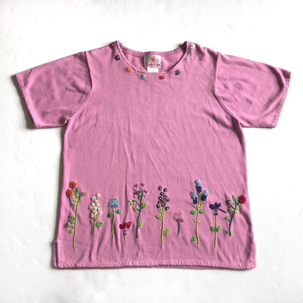Quacker Factory Floral Embroidered Sweater L Pink Knit Top Cottagecore Whimsy